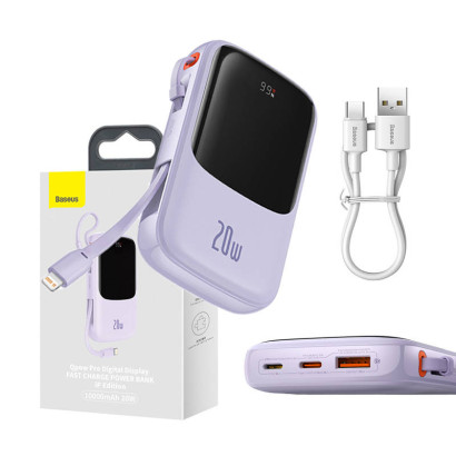 Powerbank Baseus Qpow Pro with Lightning cable, USB-C, USB, 10000mAh, 20W (purple)