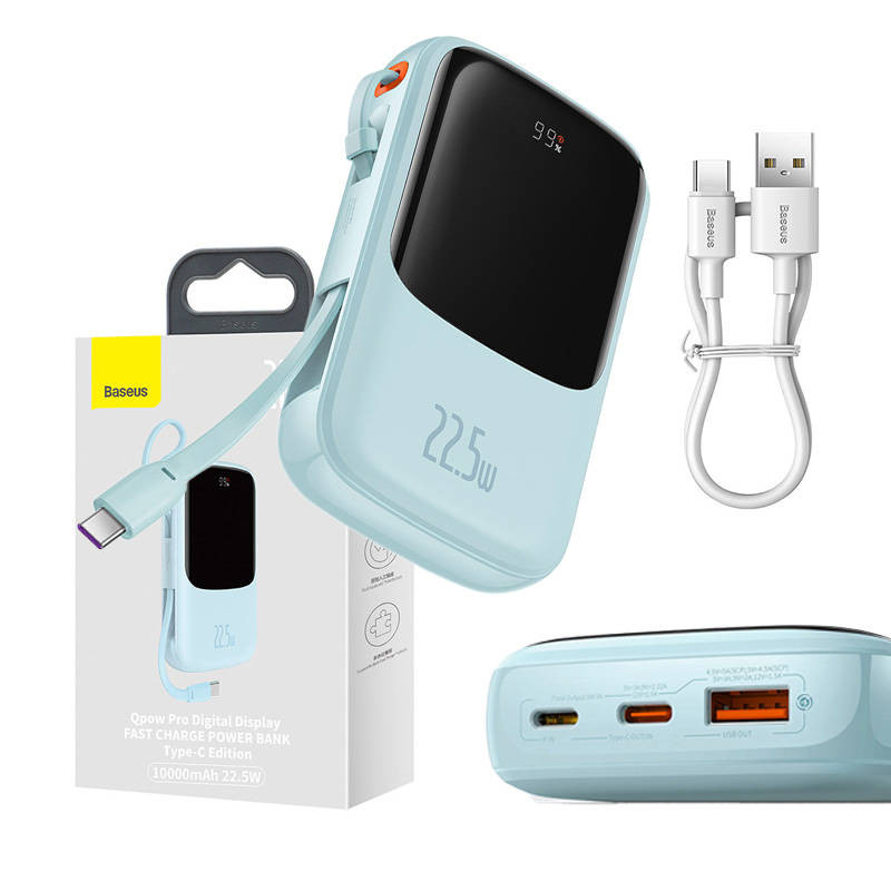 Powerbank Baseus Qpow Pro with USB-C cable, USB-C, USB, 10000mAh, 22.5W (blue)